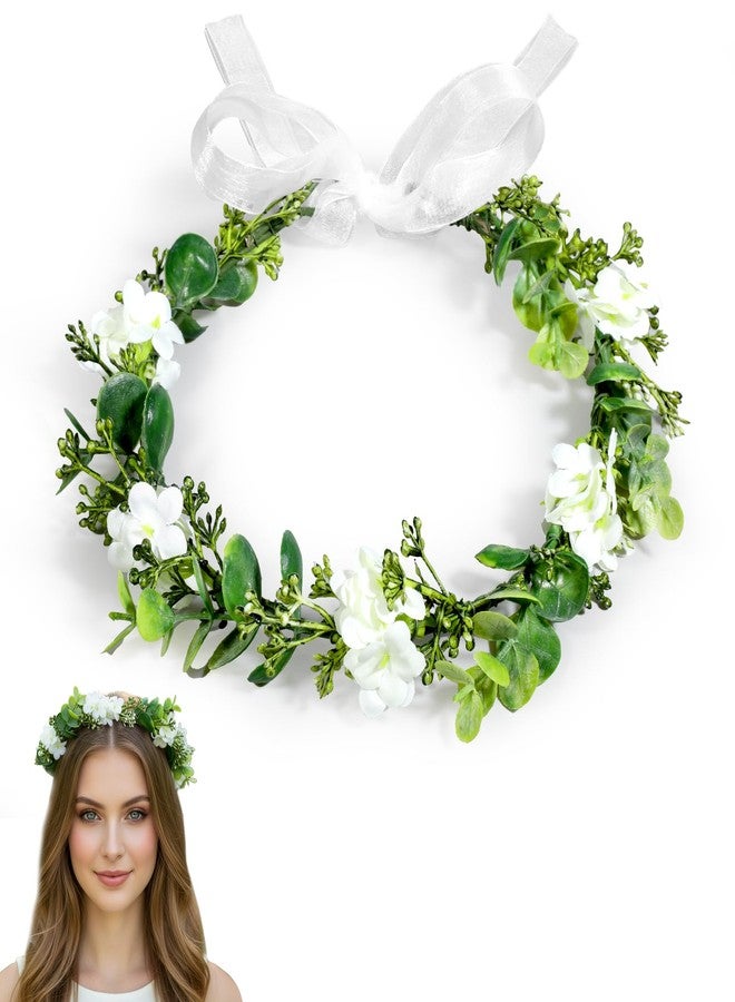 Aeaocvo Flower Crown for Women and Girls, Boho Floral Headpiece with Ribbon, Green & White Floral Crown Wreath for Wedding Ceremony Party Festival Photo Prop - Image 1